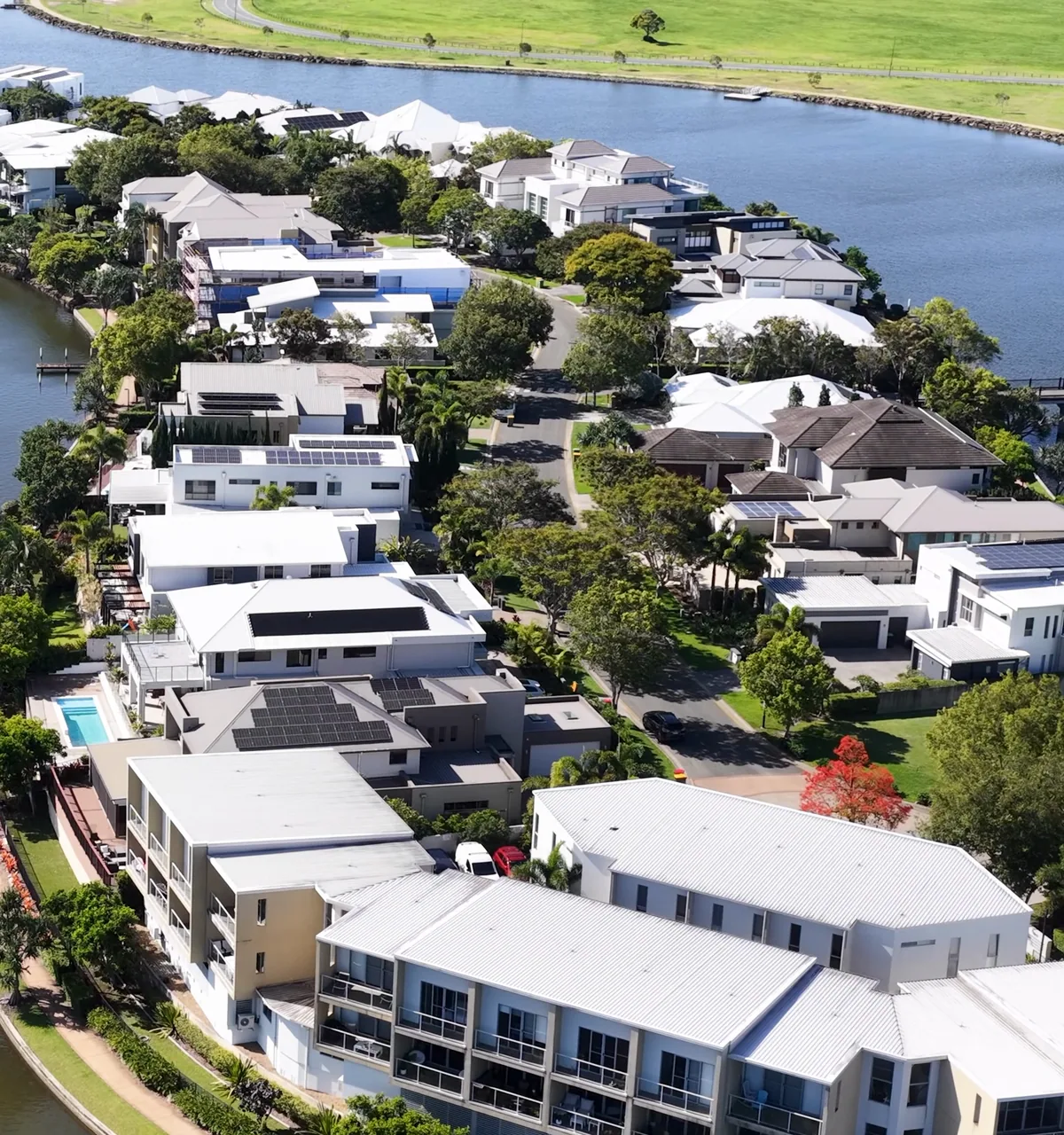 Aerial view of an Australian waterfront residential neighbourhood